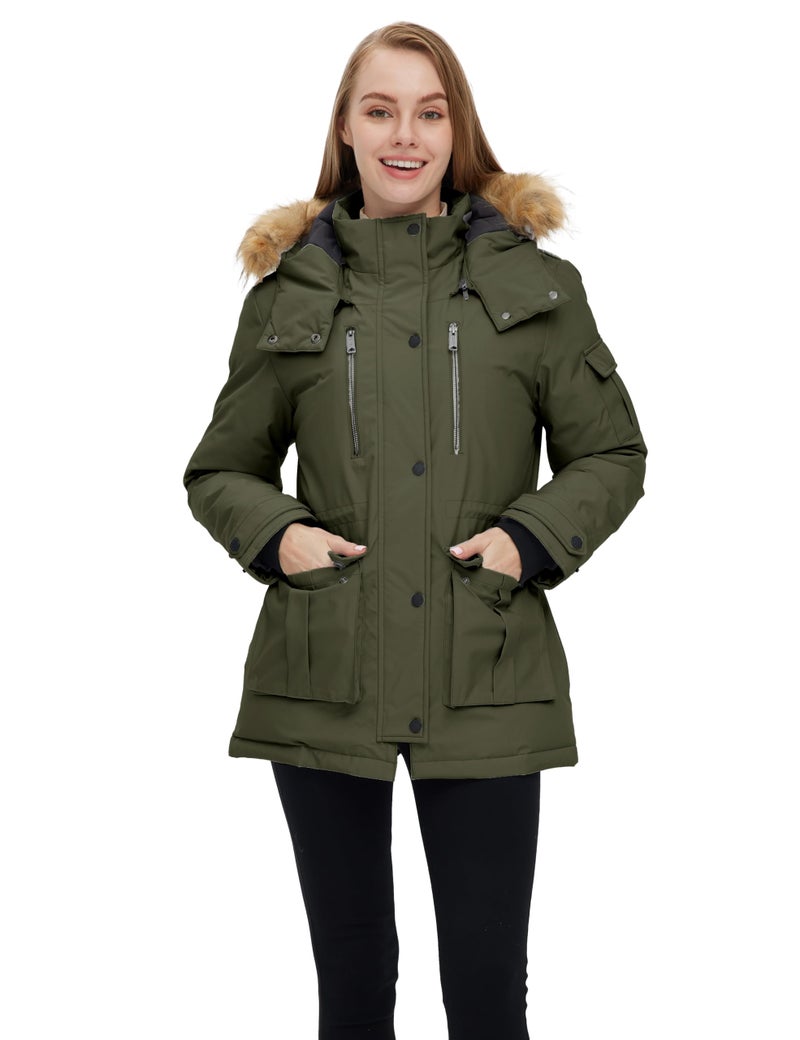 wantdo Women's Quilted Winter Coat Warm Puffer Jacket Thicken Parka with Removable Hood Army Green Large - Image 3